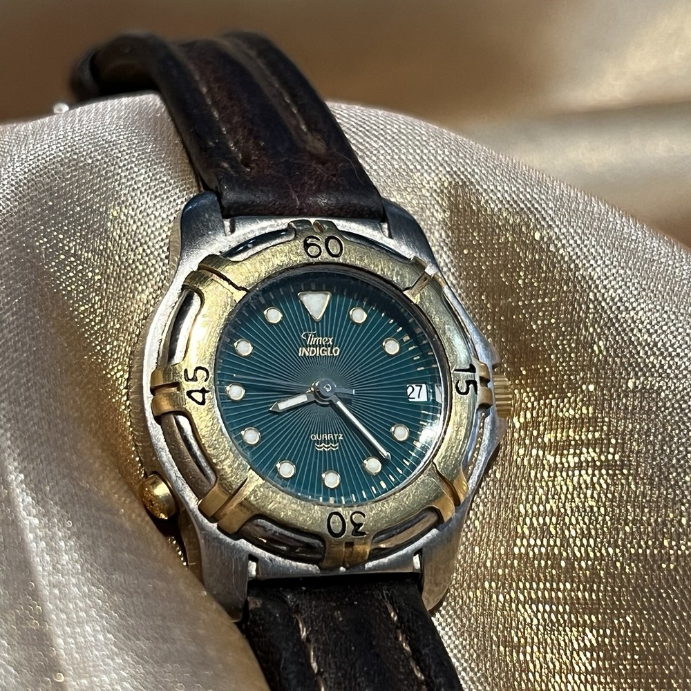 Timex Indiglo Date Watch Green Dial Brown Leather Band Two Tone 27mm